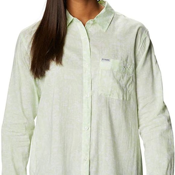 🆕Columbia Women's Slack Water Woven Long Sleeve Shirt, Light Lime Kona Print - Picture 1 of 5